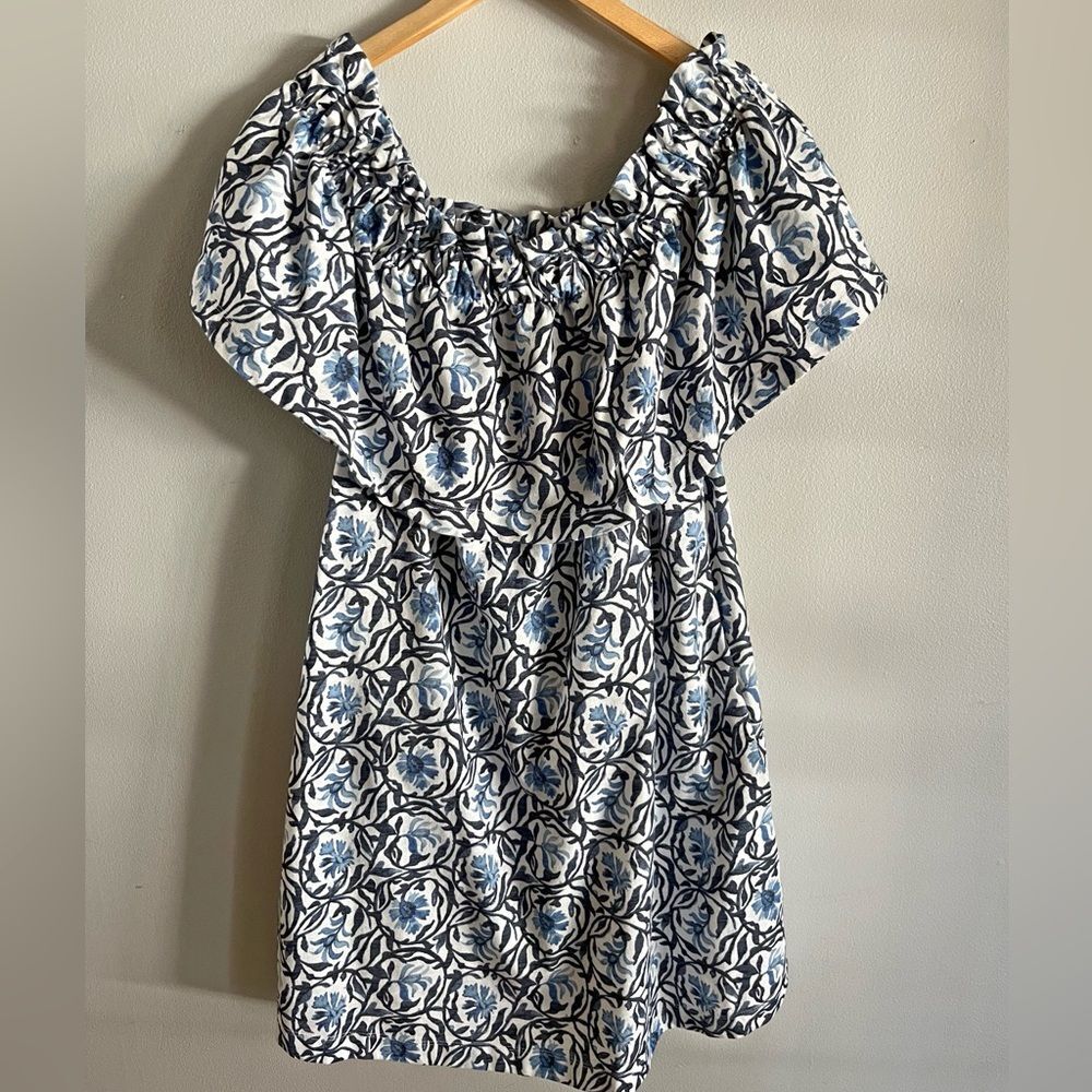 H&M Blue Floral Puff Sleeve Mini Dress L, Cotton Blend Boho Summer Casual